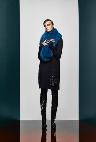 Women's Black Embellished Coat, Black Leather Over The Knee Boots, Blue Fur Scarf