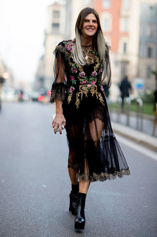 Black Embroidered Tulle Midi Dress Outfits: If the setting allows a relaxed casual ensemble, go for a black embroidered tulle midi dress. And if you want to easily up this outfit with footwear, introduce a pair of black leather ankle boots to this ensemble.