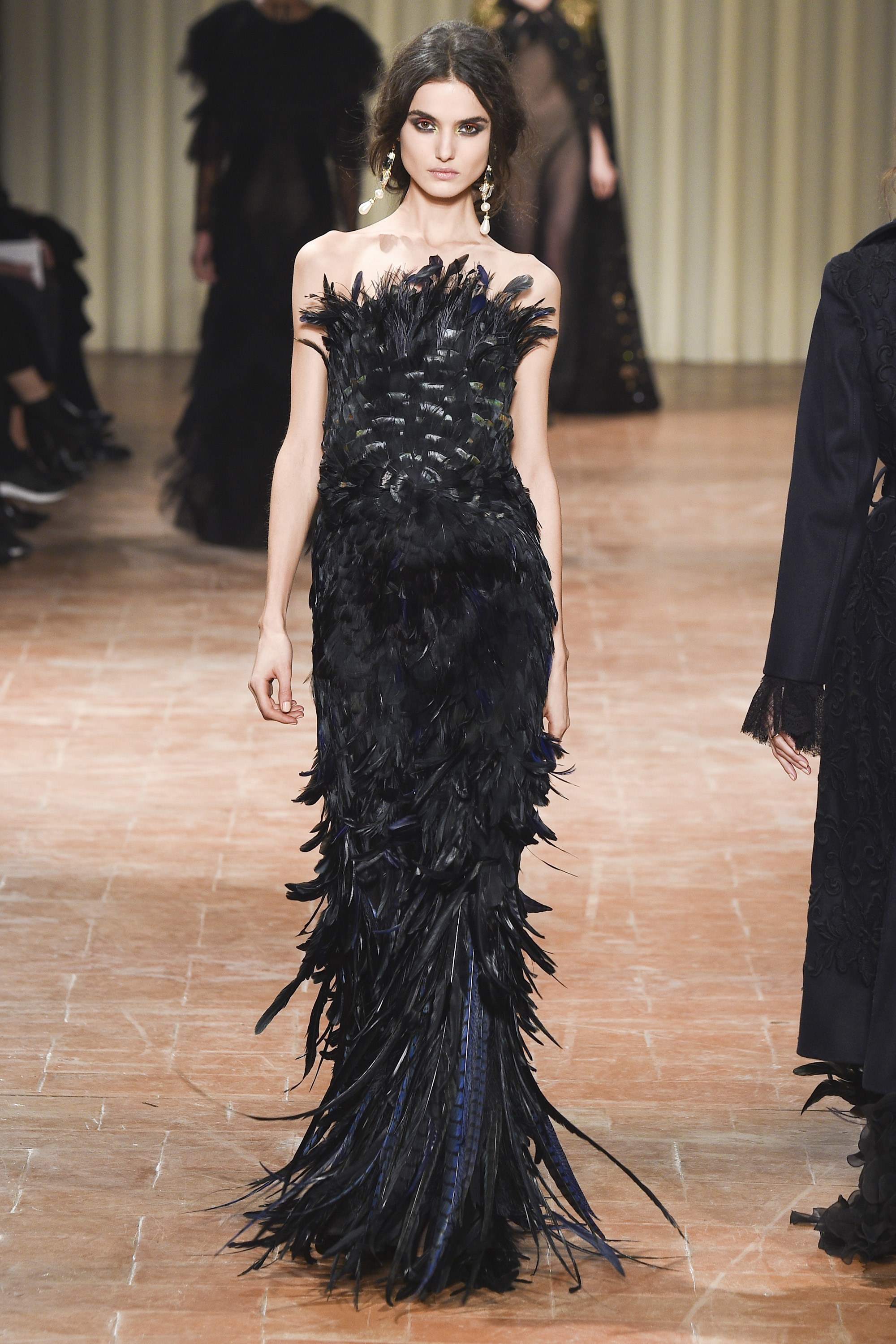 black evening gown with feathers