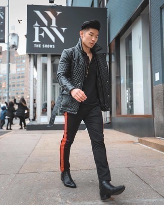 Black Leather Field Jacket Outfits: A black leather field jacket and black chinos work together harmoniously. Why not add a pair of black leather chelsea boots to the equation for an added touch of style?