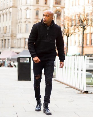 Black Fleece Zip Neck Sweater Outfits For Men: A black fleece zip neck sweater and black ripped jeans are a nice combo worth incorporating into your casual rotation. Go off the beaten path and shake up your ensemble by finishing off with a pair of black leather casual boots.