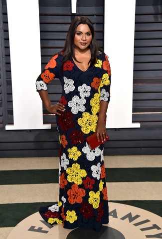 Mindy Kaling wearing Black Floral Sequin Maxi Dress, Red Leather Clutch