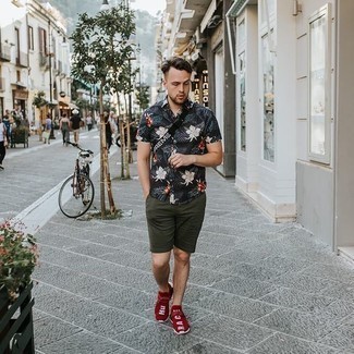 Men's Black Floral Short Sleeve Shirt, Dark Green Shorts, Red and White Athletic Shoes