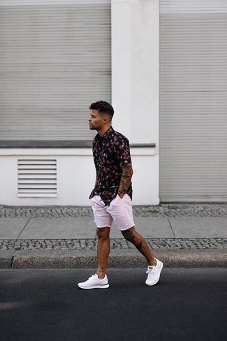 Hot Pink Shorts Outfits For Men: A black floral short sleeve shirt and hot pink shorts are bona fide menswear staples if you're putting together an off-duty wardrobe that holds to the highest sartorial standards. Want to play it down on the shoe front? Round off with white athletic shoes for the day.