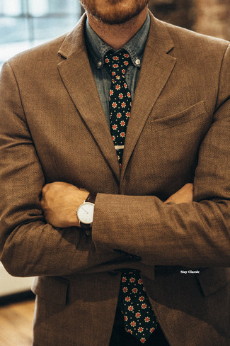 Men's Black Floral Tie, Blue Chambray Long Sleeve Shirt, Brown Herringbone Blazer