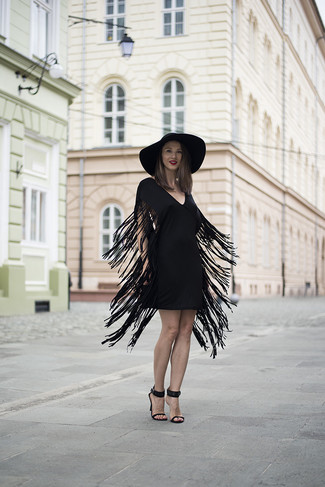 Women's Black Fringe Shift Dress, Black Suede Heeled Sandals, Black Wool Hat