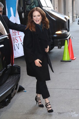 Julianne Moore wearing Black Fur Coat, Charcoal Turtleneck, Black Tapered Pants, Black Cutout Suede Pumps
