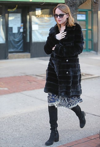 Dakota Johnson wearing Black Fur Coat, Navy Embroidered Midi Dress, Black Suede Knee High Boots