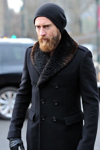 Genuine Beaver Fur Collar Wool Blend Coat