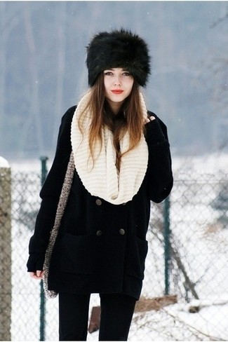 Women's Beige Knit Scarf, Black Fur Hat, Black Skinny Jeans, Black Pea Coat