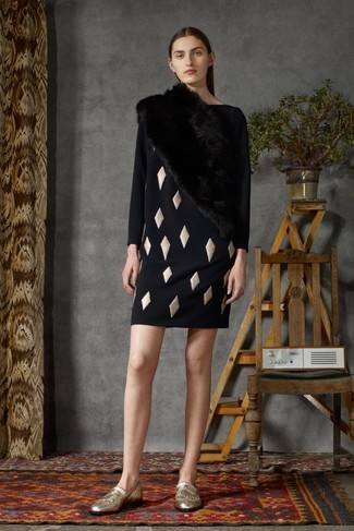Women's Black Fur Scarf, Gold Fringe Leather Loafers, Black Geometric Shift Dress