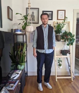 Men's Black Gilet, Light Blue Chambray Long Sleeve Shirt, Navy Chinos, White Canvas High Top Sneakers