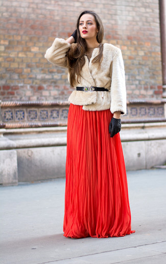 Women's Black Embellished Elastic Waist Belt, Black Leather Gloves, Red Pleated Evening Dress, Beige Fur Jacket