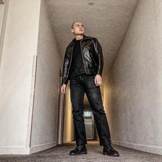 Black Leather Jacket with Black Jeans Outfits For Men: To create a relaxed look with a clear fashion twist, consider pairing a black leather jacket with black jeans. Feel somewhat uninspired with this look? Introduce a pair of black leather casual boots to change things up a bit.