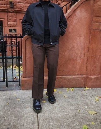 Black Leather Derby Shoes Outfits: Go for a pared down yet cool and relaxed option by wearing a black harrington jacket and dark brown chinos. Let your styling savvy really shine by complementing this look with black leather derby shoes.