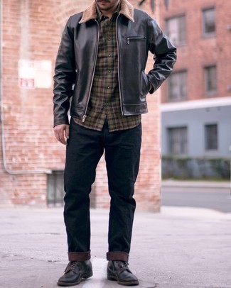 Brown Plaid Long Sleeve Shirt Outfits For Men: A brown plaid long sleeve shirt and navy jeans will infuse extra style into your daily casual wardrobe. Make this outfit a bit more elegant by finishing with a pair of black leather casual boots.