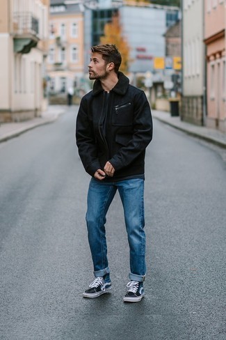 Black Harrington Jacket Outfits: This relaxed casual combination of a black harrington jacket and blue jeans is super easy to throw together in next to no time, helping you look amazing and ready for anything without spending too much time digging through your wardrobe. Feeling bold today? Mix things up by wearing black and blue canvas high top sneakers.
