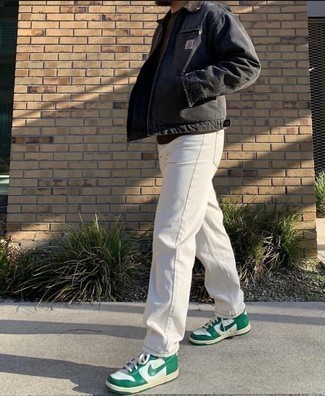Men's Black Harrington Jacket, Dark Brown Crew-neck T-shirt, White Jeans, White and Green Leather High Top Sneakers
