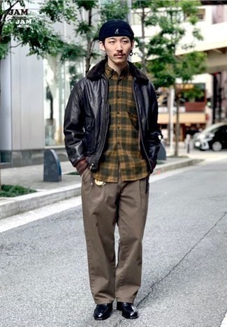 Black Harrington Jacket Outfits: When comfort is critical, go for a black harrington jacket and brown chinos. Up the style ante of your ensemble with black leather loafers.