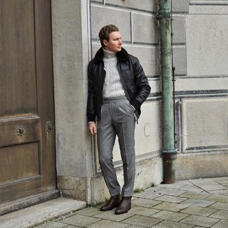 Men's Black Leather Harrington Jacket, Grey Knit Wool Turtleneck, Grey Wool Dress Pants, Dark Brown Leather Chelsea Boots