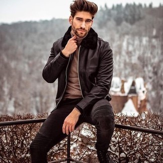 Black Harrington Jacket Outfits: This pairing of a black harrington jacket and black skinny jeans is hard proof that a safe casual look can still look razor-sharp. Finishing off with a pair of black suede casual boots is a guaranteed way to inject an extra dose of class into your look.
