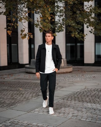 Black Harrington Jacket Outfits: Why not team a black harrington jacket with black chinos? As well as very practical, both items look amazing combined together. Not sure how to finish off? Complement this ensemble with white canvas low top sneakers for a more relaxed aesthetic.
