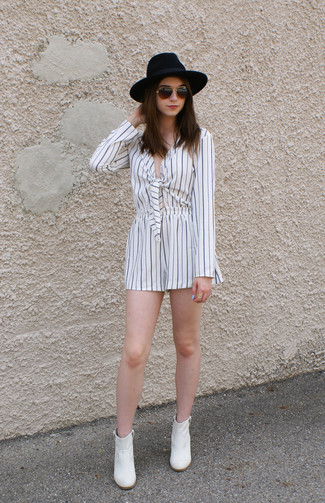 White and Black Vertical Striped Playsuit Outfits: 