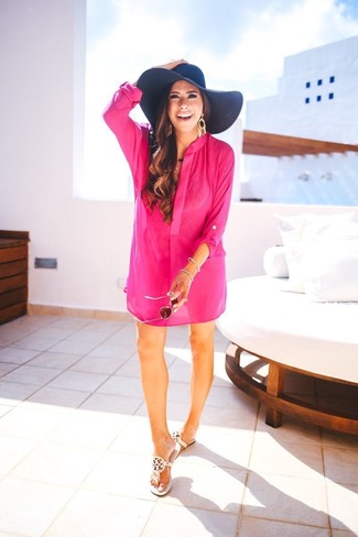 Women's Dark Brown Sunglasses, Black Straw Hat, White Leather Thong Sandals, Hot Pink Beach Dress