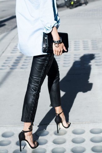 Women's Black Leather Clutch, Black Leather Heeled Sandals, Black Leather Skinny Pants, Light Blue Denim Shirt