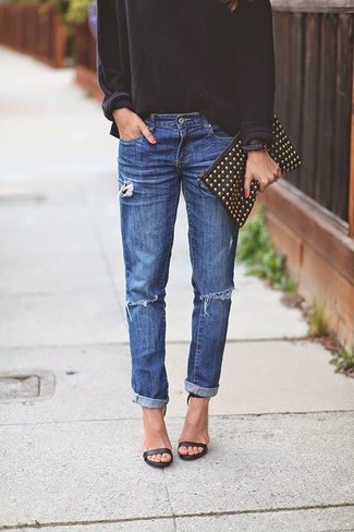 Women's Black Studded Leather Clutch, Black Leather Heeled Sandals, Blue Ripped Jeans, Black Sweatshirt