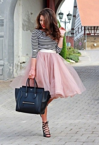Women's Black Leather Tote Bag, Black Leather Heeled Sandals, Pink Tulle Full Skirt, White and Black Horizontal Striped Long Sleeve T-shirt