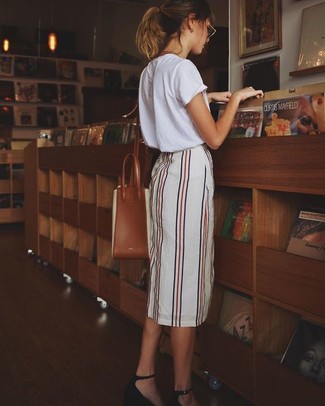 Women's Brown Leather Tote Bag, Black Leather Heeled Sandals, White Vertical Striped Midi Skirt, White Crew-neck T-shirt