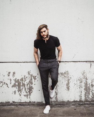 Men's Black Henley Shirt, Charcoal Wool Chinos, White Canvas Low Top Sneakers, Black Leather Watch