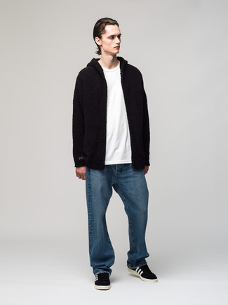 Men's Black Fleece Hoodie, White Crew-neck T-shirt, Blue Jeans, Black and White Suede Low Top Sneakers