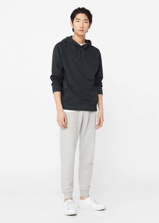 Men's Black Hoodie, White Crew-neck T-shirt, Grey Sweatpants, White Leather Low Top Sneakers