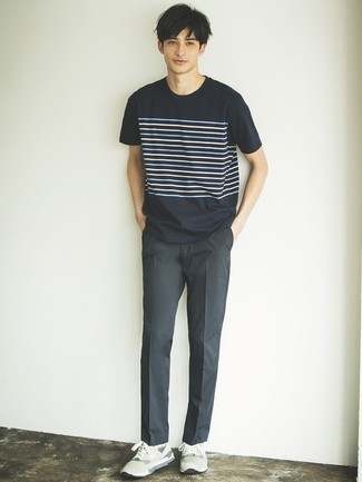 Men's Black Horizontal Striped Crew-neck T-shirt, Charcoal Chinos, Mint Athletic Shoes