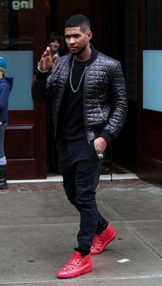 Black Quilted Bomber Jacket Outfits For Men: 