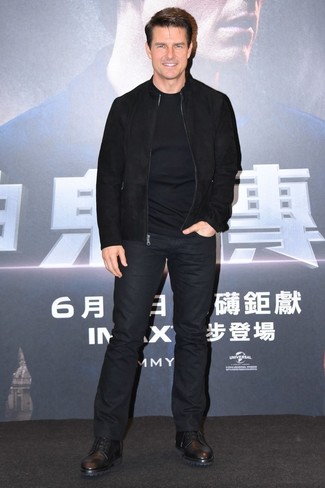 Tom Cruise wearing Black Leather Derby Shoes, Black Jeans, Black Crew-neck Sweater, Black Suede Bomber Jacket