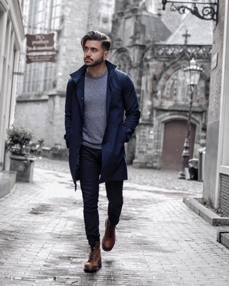 Men's Brown Leather Casual Boots, Black Jeans, Blue Crew-neck Sweater, Navy Trenchcoat