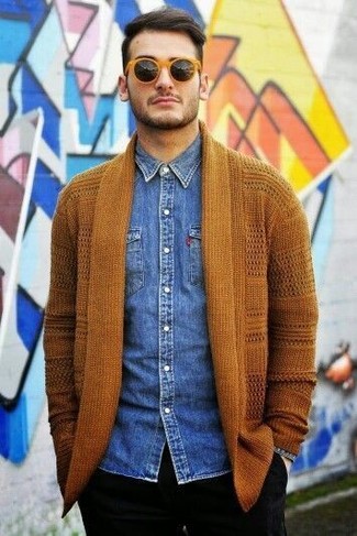 Tobacco Open Cardigan Outfits For Men: 
