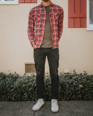 Men's White Leather Low Top Sneakers, Black Jeans, Brown Crew-neck T-shirt, Red Plaid Long Sleeve Shirt