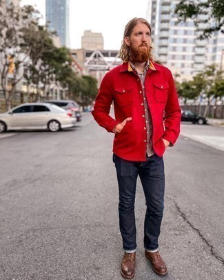 Red Shirt Jacket Outfits For Men: 