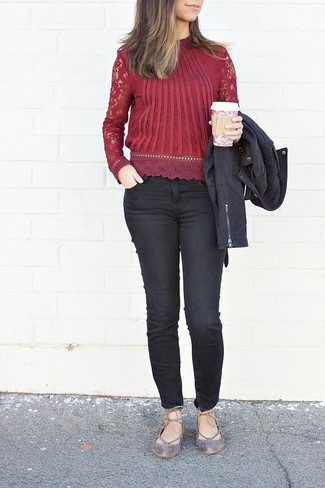 Burgundy Lace Long Sleeve Blouse Outfits: 