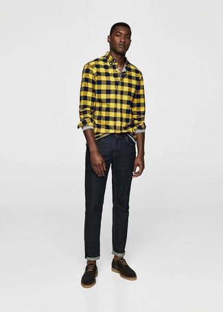 Men's Black Suede Derby Shoes, Black Jeans, Grey Long Sleeve Henley Shirt, Yellow Check Flannel Long Sleeve Shirt
