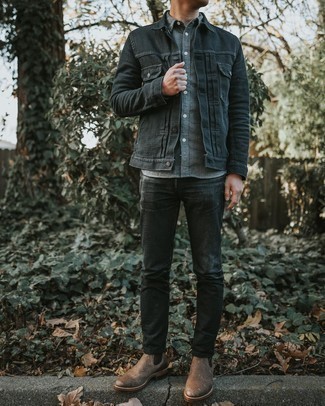 Grey Flannel Long Sleeve Shirt Outfits For Men: 