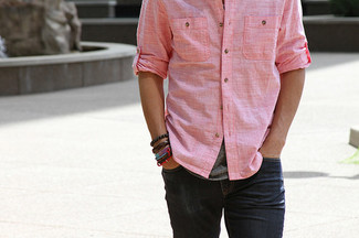 Pink Chambray Long Sleeve Shirt Outfits For Men: 