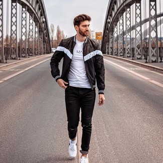 Black and White Bomber Jacket Outfits For Men: 