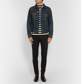 Men's Black Leather Chelsea Boots, Black Jeans, White and Black Horizontal Striped Turtleneck, Navy Denim Jacket