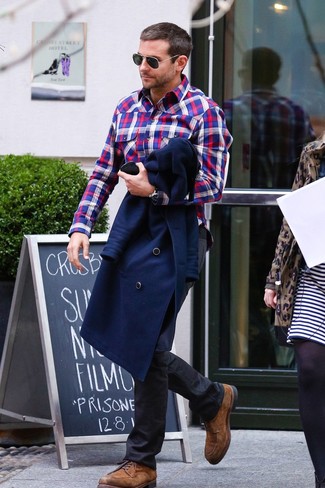 Bradley Cooper wearing Brown Suede Derby Shoes, Black Jeans, White and Red and Navy Plaid Long Sleeve Shirt, Navy Pea Coat