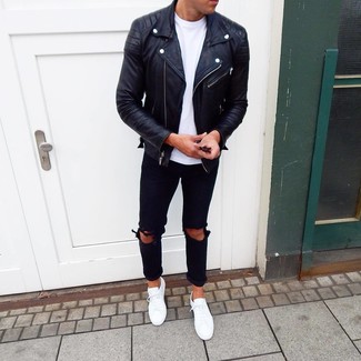 Black Leather Biker Jacket with White Low Top Sneakers Outfits For Men: 